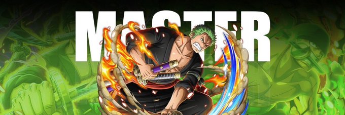 An anime-style illustration of a character with green hair playing three swords that are ablaze with fire, set against a green background with the word 'MASTER' in large white letters.