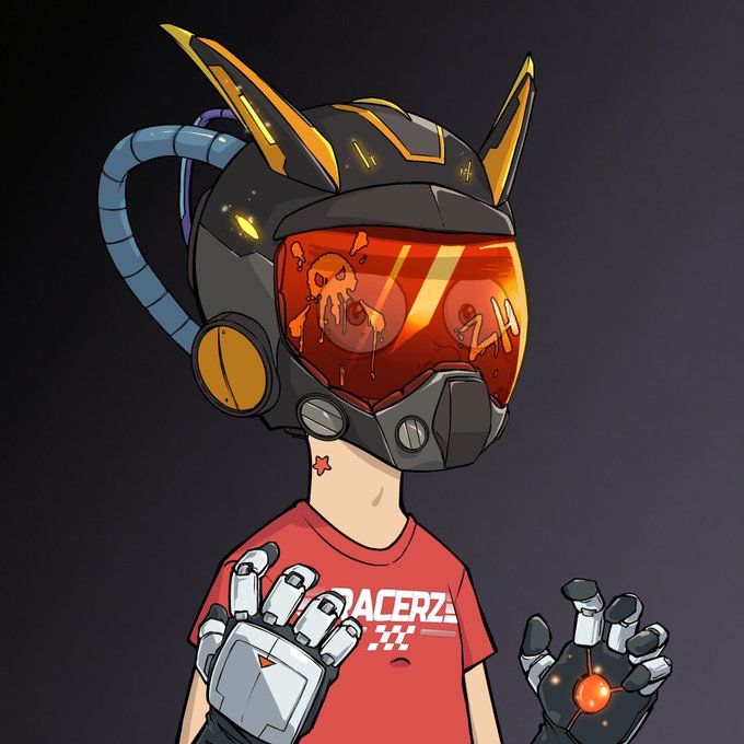 An illustration of a character wearing a futuristic black and yellow robotic helmet with an orange visor and mechanical gloves, wearing a red "RACERZ" t-shirt.