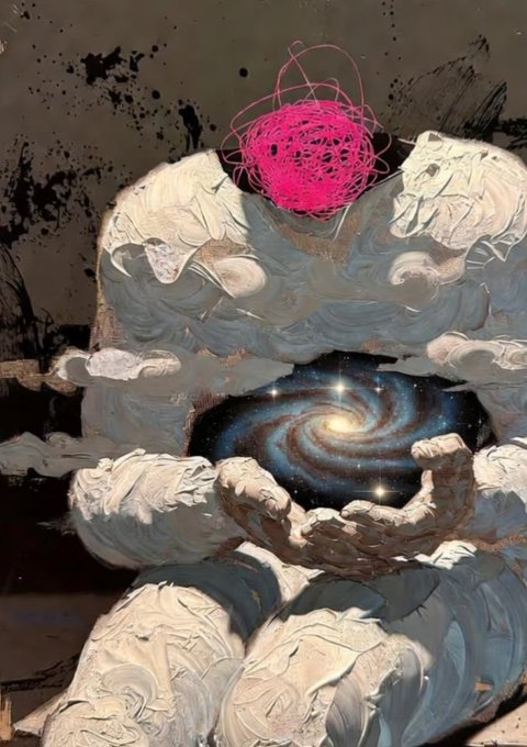 A surreal digital painting depicting a figure with a scribbled pink head atop a body made of clouds, cradling a glowing spiral galaxy.