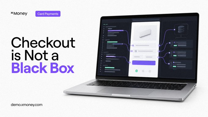 A laptop displays a card payment checkout interface with connected SDK callbacks and code snippets, alongside text reading "Checkout is Not a Black Box" from xmoney, visually reinforcing the post's message about transparency and inspectability in payment processing at demo.xmoney.com.