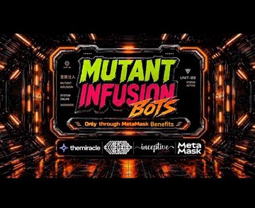 The image displays a poster or advertisement featuring the words "MUTANT INFUSION BOTS" written in bright colors, with an orange background. Below this text, there are three logos displayed at different positions, including one for the app Mint and another for another app called Inception Masks. These apps offer exclusive benefits to their users, such as free minting and monitoring through the American daytime. The poster or advertisement is situated in a dark setting with neon orange lines coming out of the background.