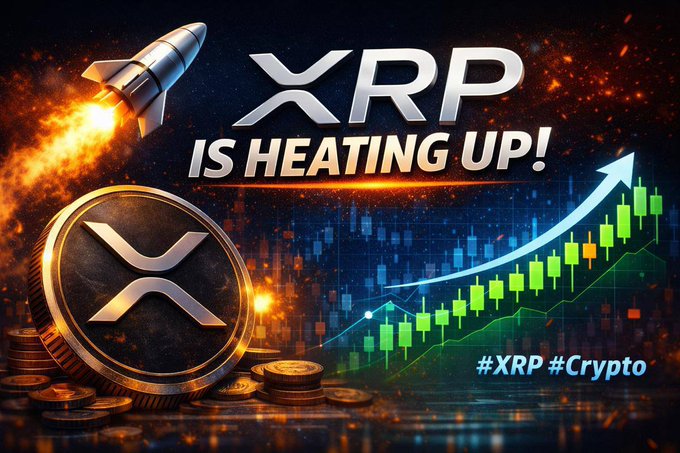 A promotional graphic for XRP cryptocurrency featuring a rocket, gold XRP coins, and an upward-trending chart with the text 'XRP IS HEATING UP!' and hashtags '#XRP #Crypto'.