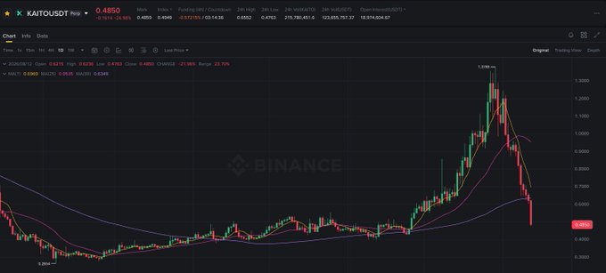 A Binance trading chart for KAITO/USDT showing a sharp price decline of 24.96%, with the current price at 0.4850 against a 24-hour high of 1.3195.