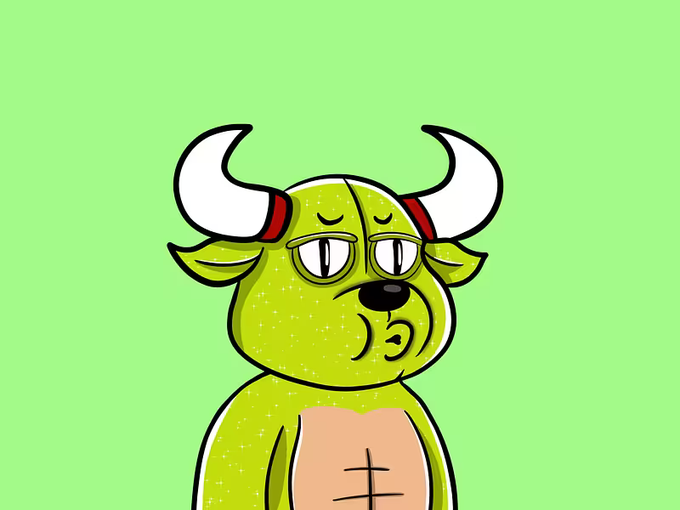 A cartoon illustration of a green bull-like character with white horns, drooping eyes, and a sad expression against a solid light green background.