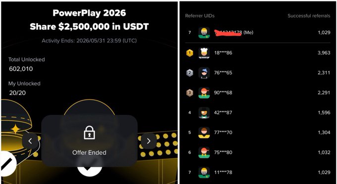 The image shows a screenshot from a video game featuring a large number of prizes available at the end of a PowerPlay 2066 event. The top left portion displays the PowerPlay status along with several logos, while the bottom right section provides details about the prizes, including a mysterious box that will award one million tokens for the top 150 referrers to anyone who reaches one billion tokens. The post also mentions how much people gained and the total number of people involved in the game.