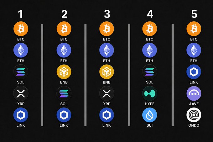 The image displays five numbered crypto portfolios, each containing five cryptocurrencies with tickers BTC, ETH, SOL, XRP, LINK, BNB, HYPE, SUI, AAVE, and ONDO. Portfolio 1 features BTC, ETH, SOL, XRP, and LINK; Portfolio 2 swaps XRP for BNB; Portfolio 3 keeps BNB but uses XRP over SOL; Portfolio 4 includes HYPE and SUI instead of XRP and LINK; and Portfolio 5 offers the most diversity with LINK, AAVE, and ONDO replacing SOL and XRP.