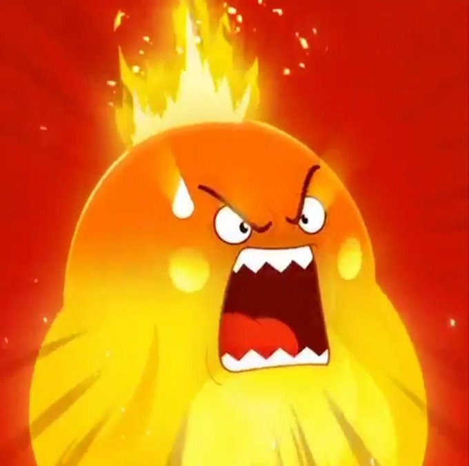 A cartoon illustration of a yellow and orange flame-like creature with an angry expression, sharp teeth, and a flaming head against a red background.