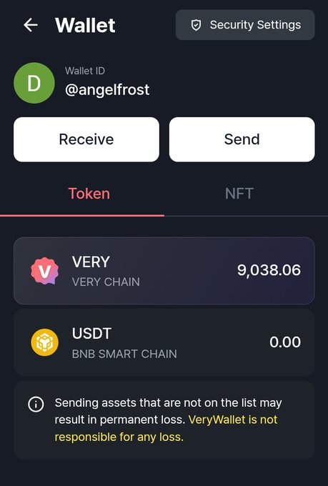 A cryptocurrency wallet app screenshot shows wallet ID '@angelfrost' with options to Receive or Send, displaying a VERY token balance of 9,038.06 on Very Chain and a USDT balance of 0.00 on BNB Smart Chain.