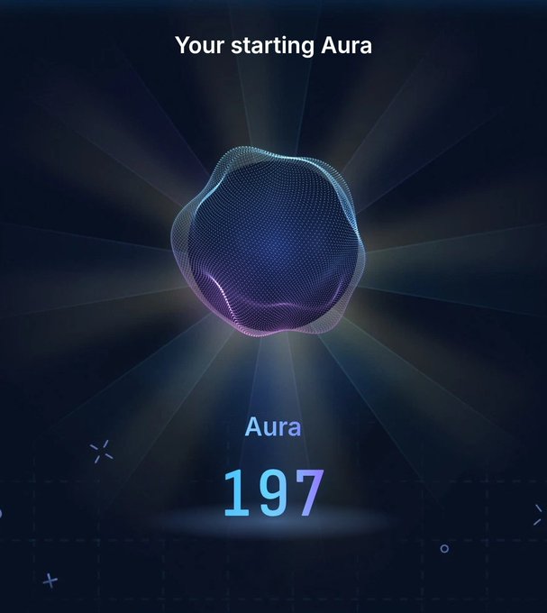 A digital screen displays a glowing 3D wireframe sphere with the text 'Your starting Aura' above it and the number '197' in large blue digits below.