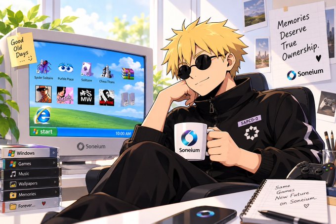 An anime-style illustration features a blonde character wearing sunglasses, holding a mug labeled 'Soneium', sitting at a desk with a Windows XP-style monitor. A note reads 'Memories Deserve True Ownership. Soneium'.