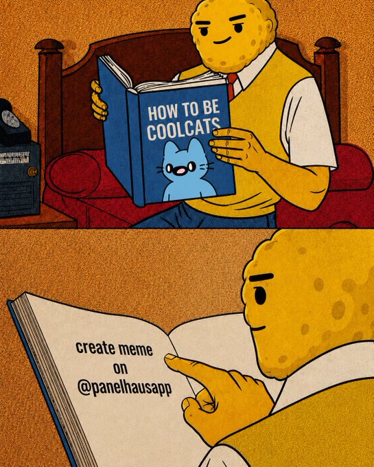 A two-panel meme featuring a cartoon character reading a book titled 'HOW TO BE COOLCATS' with a blue cat illustration, with the second panel revealing the book says 'create meme on @panelhausapp'.
