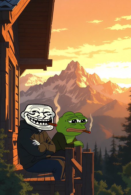 An anime-style illustration shows a Trollface character and a cigar-smoking Pepe the Frog sitting on a wooden porch with mountains in the background.