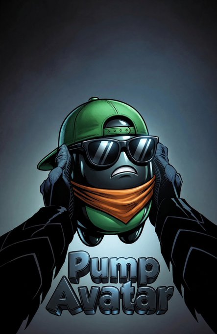 Cartoon illustration of a character with a green cap, sunglasses, and orange bandana, with 'Pump Avatar' text below.