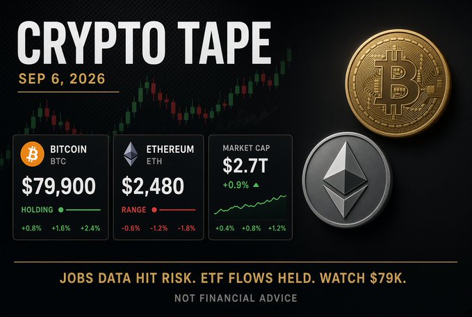 A 'CRYPTO TAPE' graphic dated SEP 6, 2026, showing Bitcoin at $79,900 (HOLDING), Ethereum at $2,480 (RANGE), and a market cap of $2.7T, with a warning: 'JOBS DATA HIT RISK. ETF FLOWS HELD. WATCH $79K.'