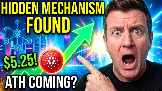 A YouTube thumbnail featuring a shocked man pointing, with text reading 'HIDDEN MECHANISM FOUND', '$5.25!', 'ATH COMING?', and a Cardano (ADA) logo with an upward green arrow.