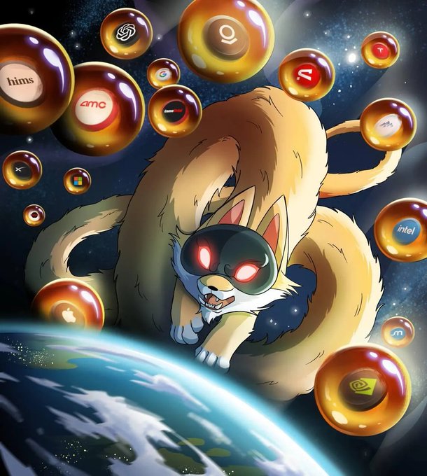 An anthropomorphic cat with glowing red eyes floats in space above Earth, surrounded by amber orbs bearing logos and tickers for tech/media companies like AMC, AMT, Intel, Apple, and Hims. The image whimsically personifies a bull run in the markets, fitting the "LONG 500 forever" rally spirit with the cat as a dominating, profit-gathering force among the floating investment opportunities.