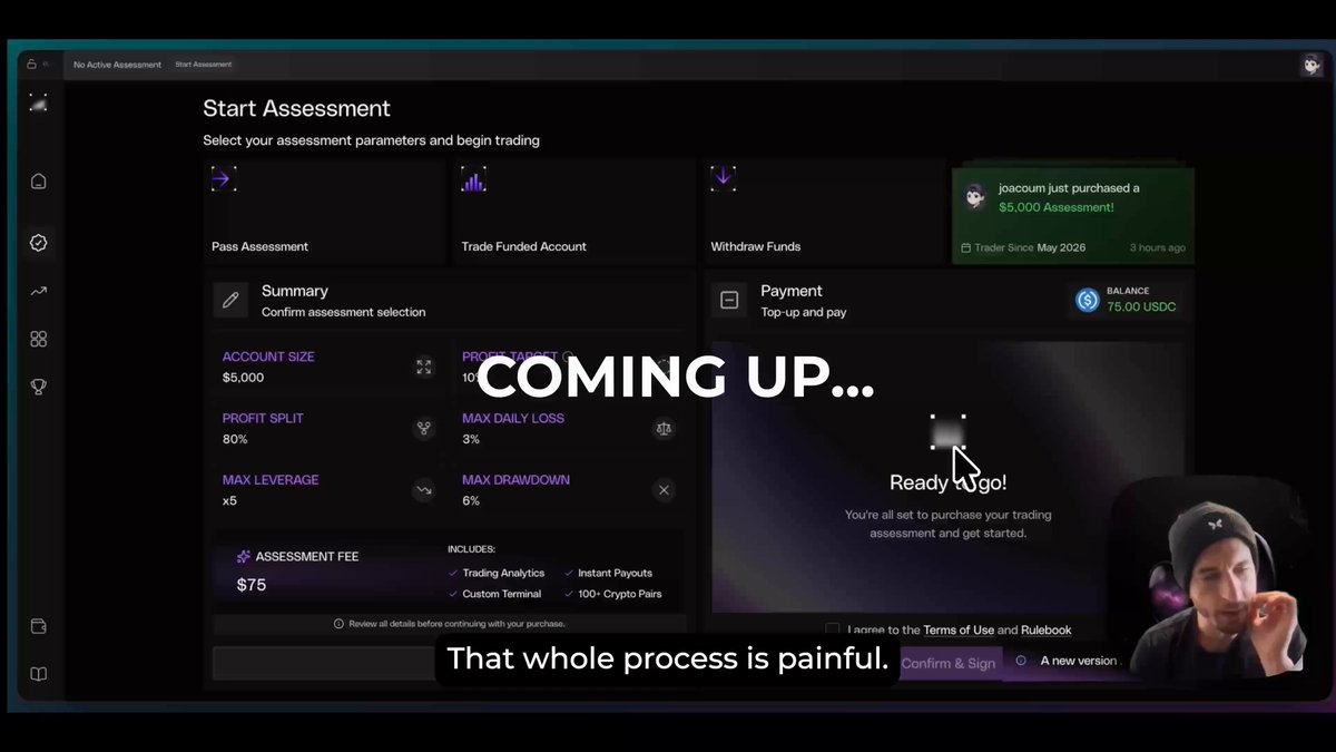 The image shows a computer screen displaying a webpage with text that reads "Coming Up... That whole process is painful." The person's face can be seen at the bottom right corner, but their identity is not clear from the image alone.