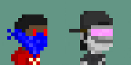 Pixel art characters from the game Overwatch, featuring Ana with her red visor and Baptiste with his pink tactical visor on a solid green background.