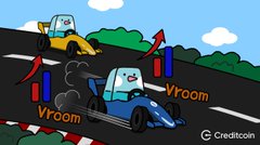 Two cartoon race cars speed down a track with "Vroom" sound effects, metaphorically illustrating the reliable, fast performance of Mini built on Creditcoin (CTC), as praised by the post for its trustworthy team and onchain RWA experience.