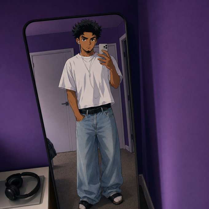 An anime-style illustration shows a young man taking a mirror selfie in a purple room, wearing a white t-shirt, baggy jeans, and earbuds.