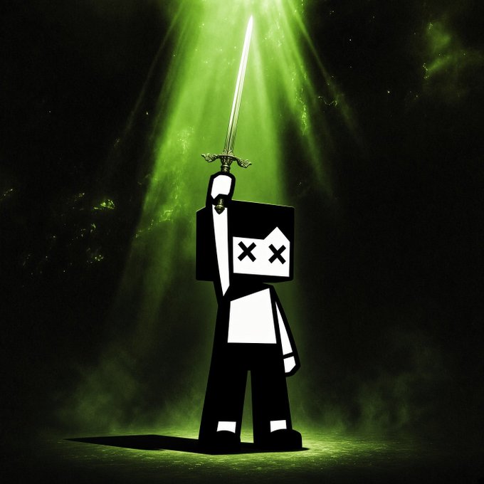A stylized black-and-white character with 'X' eyes wearing a tie, holding up a glowing sword against a dark background with green light beams shining down.