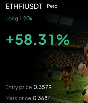 A trading screenshot displays a winning long position on ETHFIUSDT Perp with 20x leverage, showing a +58.31% gain with an entry price of 0.3579 and mark price of 0.3684, overlaid on a stylized soccer/football background. The image promotes tracking the $ETHFI trend, suggesting the trader's "Wizard followers" benefited from catching the upward move.