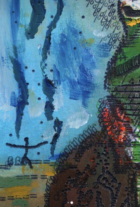 An abstract painting features blue brushstrokes, a small stick figure with outstretched arms, and various textured patterns in green, red, and brown.