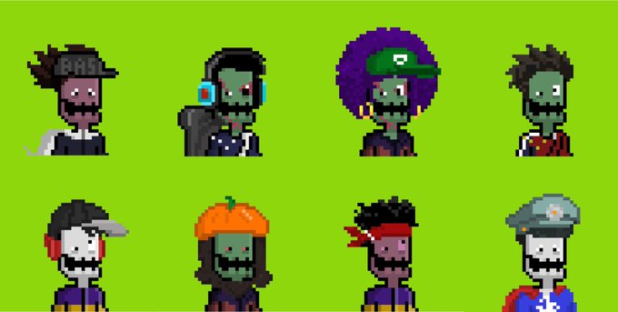 Eight pixel-art zombie character portraits are displayed on a green background, each with varied accessories like hats, headphones, and a pumpkin head.