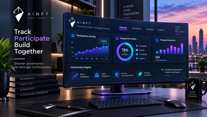 A promotional graphic for 'AINFT' displaying a monitor with community analytics, charts showing '78% Participation', and the text 'Track Participate Build Together' and 'Smarter governance for stronger communities'.