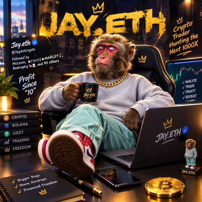 A stylized monkey character wearing a gold chain and holding a "JAY.ETH" mug lounges in a gaming chair with feet on a desk, surrounded by crypto-themed branding including "JAY.ETH," "Crypto Trader Hunting the Next 1000X," and references to Bitcoin, Solana, USDT, and trading. The image aligns with the post's tone by showcasing an elaborate crypto influencer setup, likely prompting viewers to share their Solana wallet addresses in hopes of an airdrop.