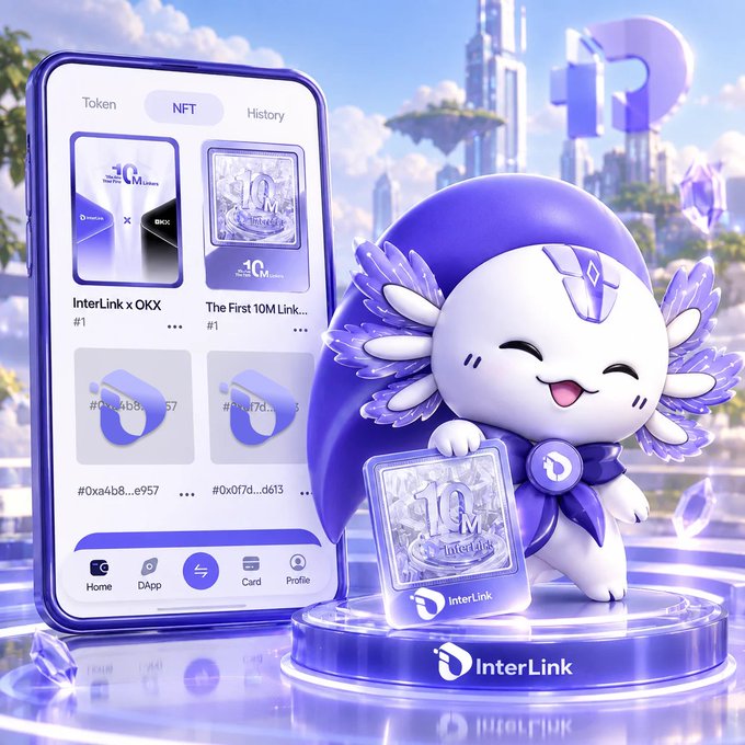 Promotional graphic for InterLink featuring a purple mascot character with wings holding an 'InterLink 10M' commemorative card, alongside a smartphone displaying the InterLink app interface showing NFT collections like 'InterLink x OKX' and 'The First 10M Link'.