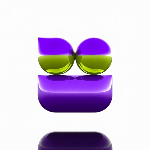A 3D rendered image of a glossy purple and green butterfly-shaped object on a white reflective surface, serving as a stylized logo or icon.