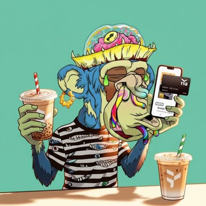 A colorful cartoon monkey wearing a striped shirt, sunglasses, and holding a coffee cup sits at a table with two cups of iced coffee one empty and one half full. The monkey has a phone and credit card in its hand, and appears to be enjoying his time at the bar.