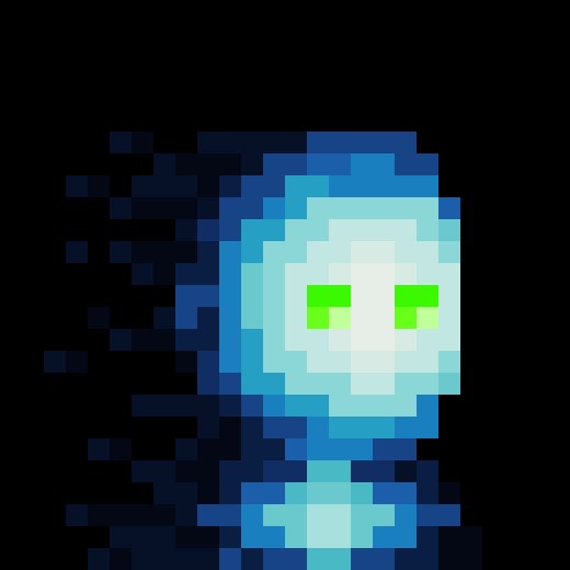 The image shows a pixel art character with a blue glowing aura and bright green eyes, styled like a ghostly sprite with trailing pixelated effects suggesting motion or energy. The ethereal, blockchain-inspired design complements the @zksnarks_ reference to zero-knowledge proofs, a cryptographic concept often associated with mysterious or hidden digital assets.