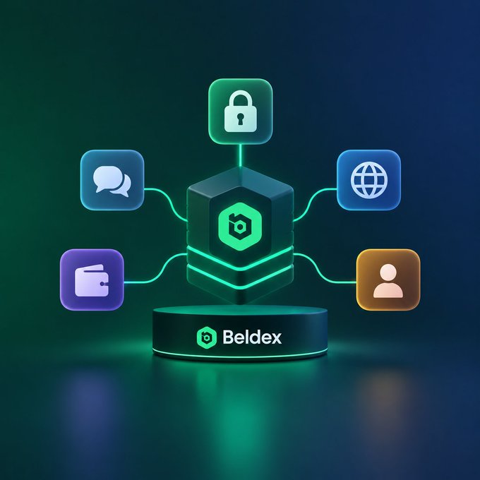 A 3D digital graphic displays 'Beldex' on a central pedestal, surrounded by floating icons representing security (a padlock), messaging, global network, a wallet, and a user profile, connected by glowing lines against a dark background.