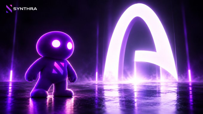 A purple Synthra mascot stands beside a glowing purple arc-shaped structure, with the text "SYNTHRA" visible in the top-left corner, symbolizing the launch of the new Arc blockchain and Synthra's integration as "one layer for all markets."