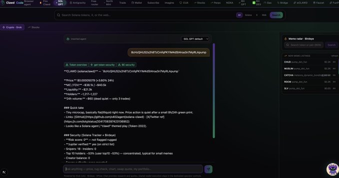 Screenshot of Clawd's Crypto · Grok interface displaying an analysis of token 'CLAWD' on Solana, including price, market cap, and security findings with on-chain transaction data.