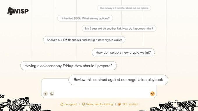 A chat interface screenshot from WISP showing various conversation prompts including 'I inherited $80k', 'Analyze our Q3 financials and setup a new crypto wallet', and 'Review this contract against our negotiation playbook,' with encryption and TEE verification badges.