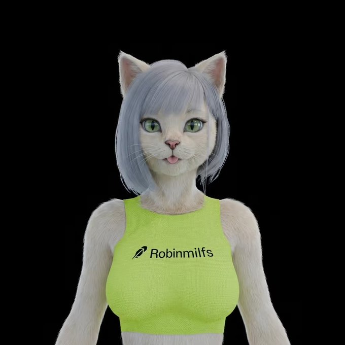 A 3D-rendered anthropomorphic cat character with blue hair and green eyes wears a neon yellow crop top with the text 'Robinmilfs' on it, set against a black background.