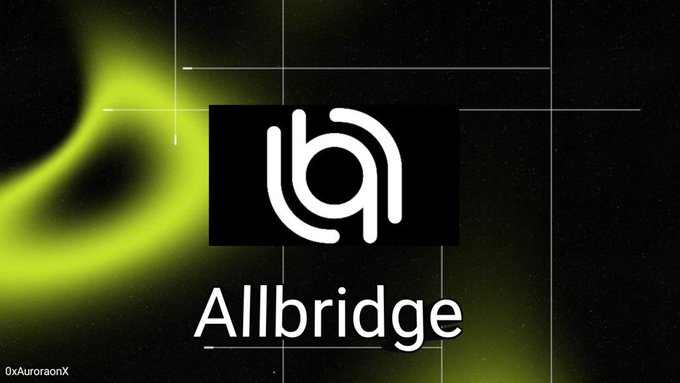 The image features an advertisement for a cryptocurrency called Allbridge. The background of the image is black, but there's a yellow glow coming from the top left corner that makes the text "Allbridge" stand out. The text "ALLBRIDGE" is written in white and is positioned above a logo with a stylized "B". Below this logo, there are some lines of text that read "focus on what is in the image and how it relates to the post".