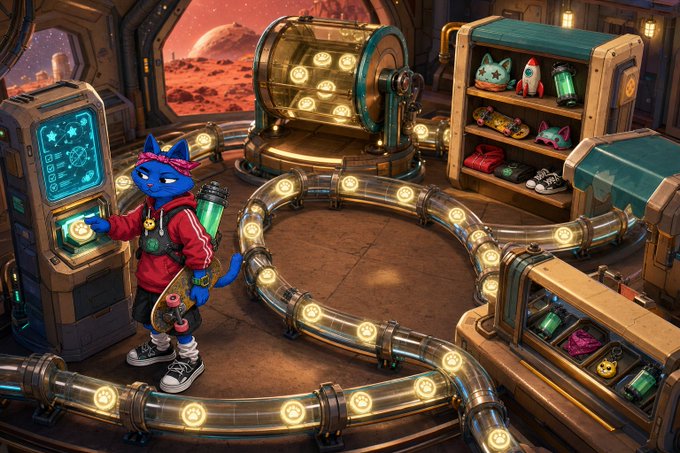 A colorful digital illustration featuring a blue anthropomorphic cat character in a red hoodie holding a green drink, standing next to a glowing futuristic machine with conveyor belts carrying star-shaped tokens, set on what appears to be a Mars-like planet.