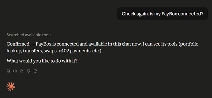 A chat interface showing a confirmation that PayBox is connected, with tools available for portfolio lookup, transfers, swaps, and x402 payments.