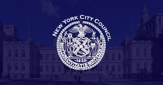 The New York City Council seal, dated 1625, is displayed over a tinted image of City Hall, symbolizing the official government body launching an investigation into prediction market platforms Kalshi, Polymarket, Coinbase, and Gemini for allegedly deceptive marketing aimed at young adults.