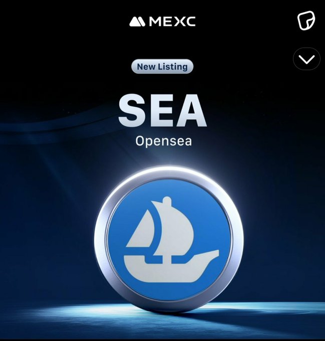 A MEXC exchange 'New Listing' announcement featuring the 'SEA' (Opensea) token with a large blue circular emblem containing a white sailing ship icon.