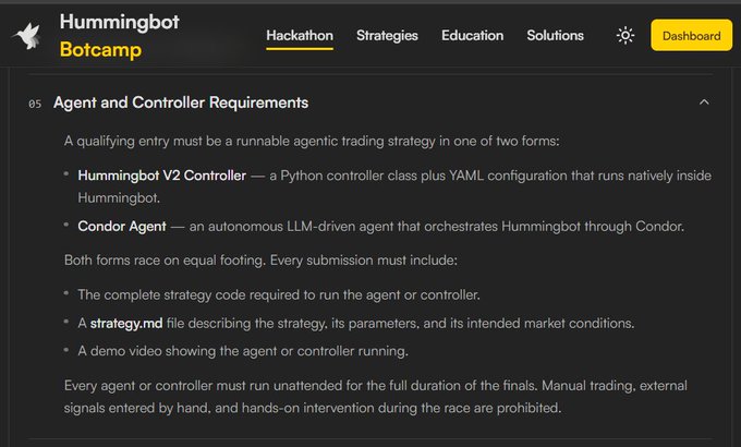 The image shows the "Agent and Controller Requirements" section of the Hummingbot Botcamp hackathon page, listing submission criteria including complete strategy code as a Hummingbot V2 Controller or Condor Agent, a strategy.md file, and a demo video. This aligns with the post's reminder about the 5-day countdown to submit entries that check all the boxes for the Agent Builders Cup Hackathon.