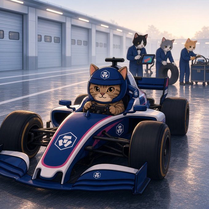 A whimsical digital illustration depicting a cat wearing a helmet sitting in a blue and white formula-style race car in a garage, with other cats in pit crew uniforms working in the background.