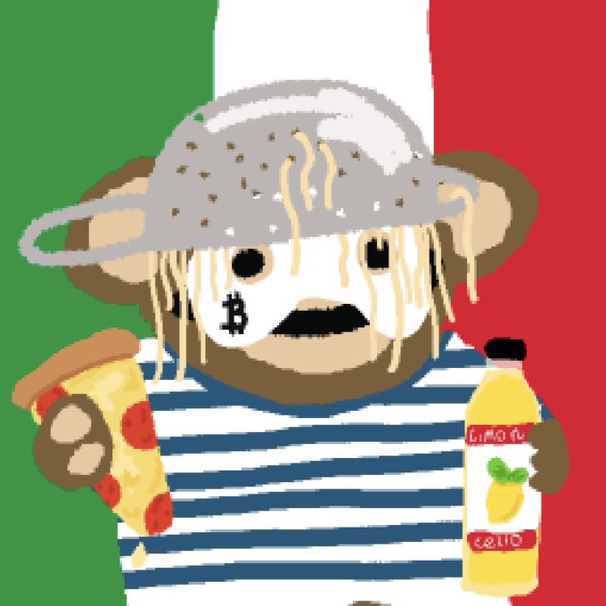 A crude MS Paint-style drawing of a character with a soccer ball for a head wearing a bucket hat, holding a slice of pizza and a bottle of Limoncello against an Italian flag background.
