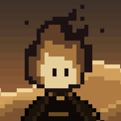A pixel art portrait of a character with brown hair against a brown background, possibly from a retro video game.