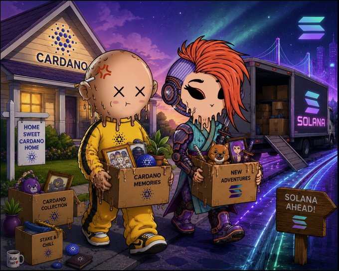 An illustration depicting two characters—one labeled 'CARDANO' and the other 'SOLANA'—holding boxes ('CARDANO MEMORIES' and 'NEW ADVENTURES'), with signs for 'HOME SWEET CARDANO HOME' and 'SOLANA AHEAD!' in a nighttime suburban setting.