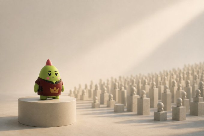 A small green cartoon character with a red mohawk and a red shirt standing on a white pedestal, with rows of identical gray figures stretching into the background.